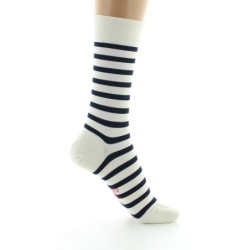 Chaussettes en Soie écru à rayures bleu marine