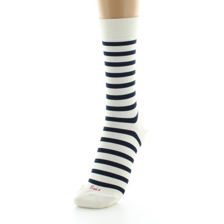 Chaussettes en Soie écru à rayures bleu marine
