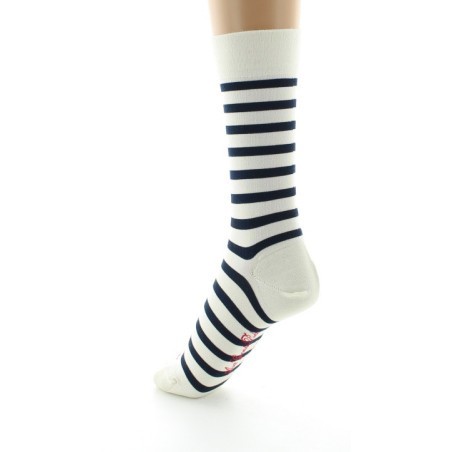 Chaussettes en Soie écru à rayures bleu marine