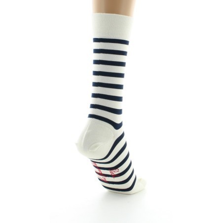 Chaussettes en Soie écru à rayures bleu marine