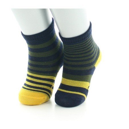 Chaussettes bébé Laine peignée Rayures Asymétriques - Bleu marine, kaki et jaune