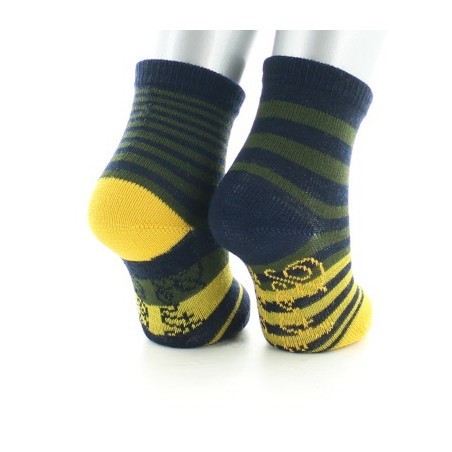 Chaussettes bébé Laine peignée Rayures Asymétriques - Bleu marine, kaki et jaune