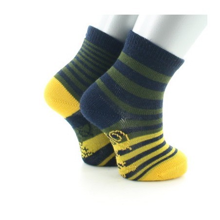 Chaussettes bébé Laine peignée Rayures Asymétriques - Bleu marine, kaki et jaune