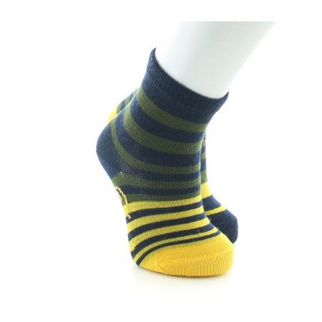 Chaussettes enfant Laine peignée Rayures Asymétriques - Bleu marine, kaki et jaune
