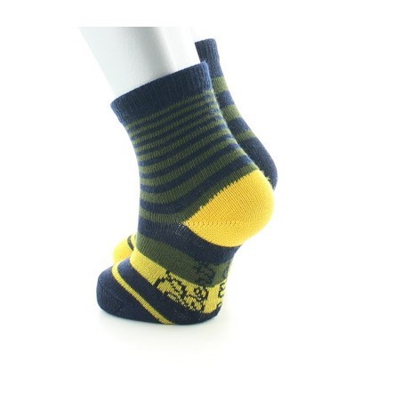 Chaussettes enfant Laine peignée Rayures Asymétriques - Bleu marine, kaki et jaune