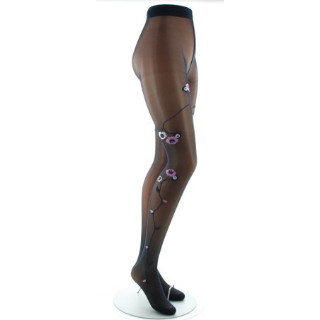 Collants Fleurs Roses et Beiges fond Bleu Marine