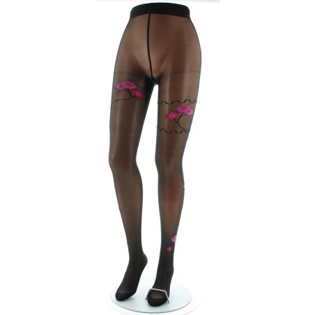 Collants Fleurs Roses et Rouges fond Noir