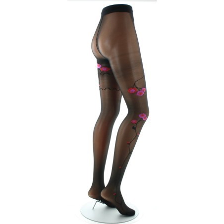 Collants Fleurs Roses et Rouges fond Noir