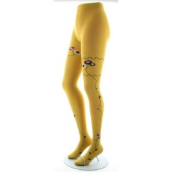 Collants ocre semi-opaque à fleurs roses et beige