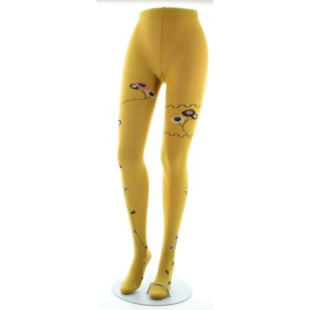 Collants ocre semi-opaque à fleurs roses et beige