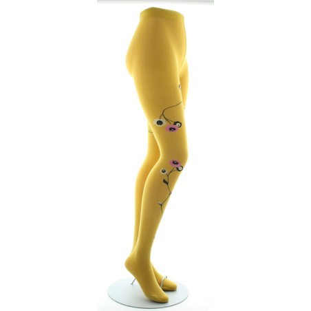 Collants ocre semi-opaque à fleurs roses et beige