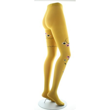 Collants ocre semi-opaque à fleurs roses et beige