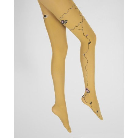 Collants ocre semi-opaque à fleurs roses et beige