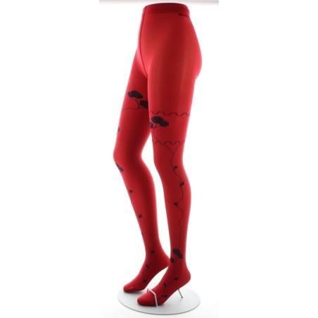 Collants rouge semi-opaque à fleurs noires et marine