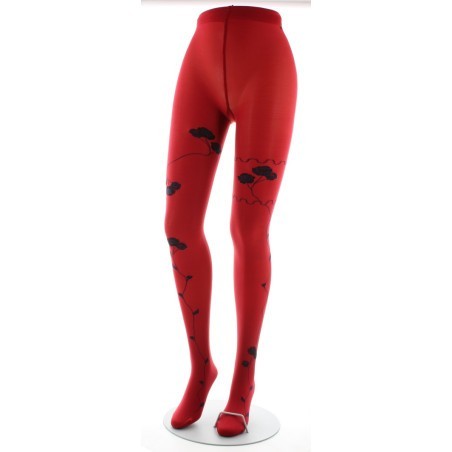 Collants rouge semi-opaque à fleurs noires et marine