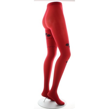 Collants rouge semi-opaque à fleurs noires et marine