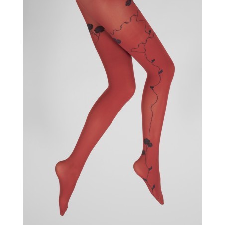 Collants rouge semi-opaque à fleurs noires et marine