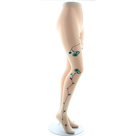 Collants Tatoo Fleurs Vertes et Bleues couleur chair