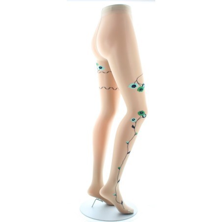Collants Tatoo Fleurs Vertes et Bleues couleur chair