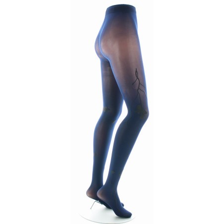 Collants Fantaisie Fleurs Noires Sur Fond Marine