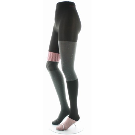 Collants Asymétriques Gris et Noir à Rayures Rose Pâle et Pois Marron