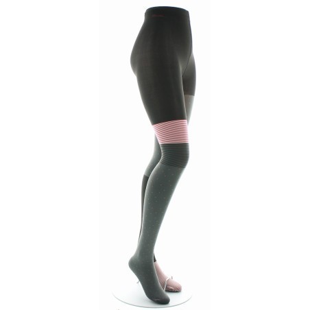 Collants Asymétriques Gris et Noir à Rayures Rose Pâle et Pois Marron