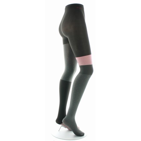 Collants Asymétriques Gris et Noir à Rayures Rose Pâle et Pois Marron