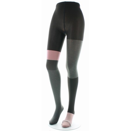 Collants Asymétriques Gris et Noir à Rayures Rose Pâle et Pois Marron