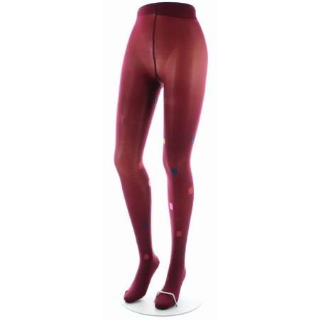 Collant Fantaisie Asymétrique Carrés et Ronds kaki et rouge sur fond rouge