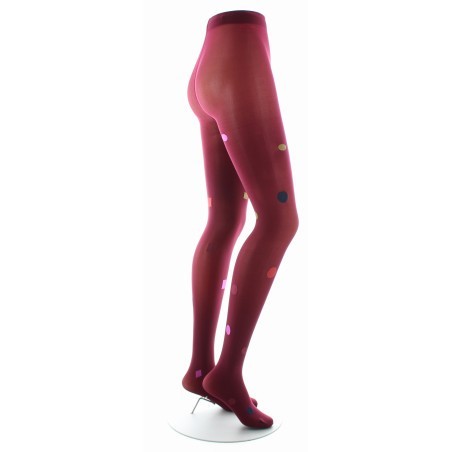 Collant Fantaisie Asymétrique Carrés et Ronds kaki et rouge sur fond rouge
