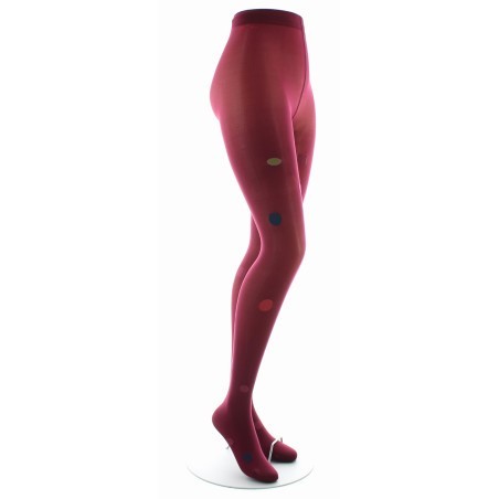 Collant Fantaisie Asymétrique Carrés et Ronds kaki et rouge sur fond rouge