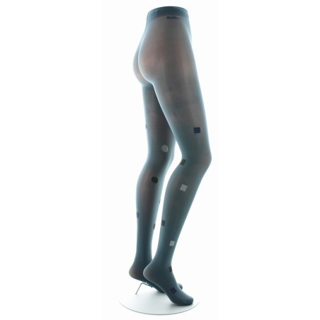 Collant Fantaisie Asymétrique Carrés et Ronds gris et marine sur fond bleu norvège