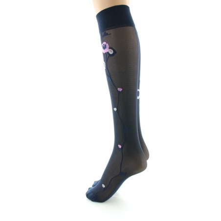 Mi-bas 30D marine Fleurs roses et beige
