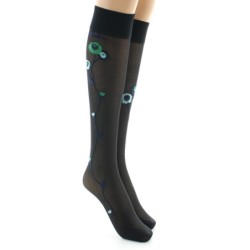 Mi-bas 30D noir Fleurs vertes et bleues