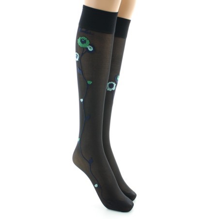 Mi-bas 30D noir Fleurs vertes et bleues