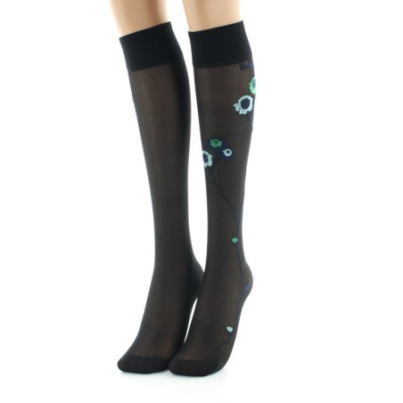 Mi-bas 30D noir Fleurs vertes et bleues