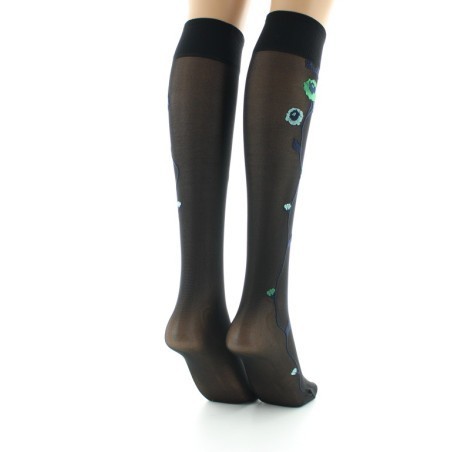 Mi-bas 30D noir Fleurs vertes et bleues