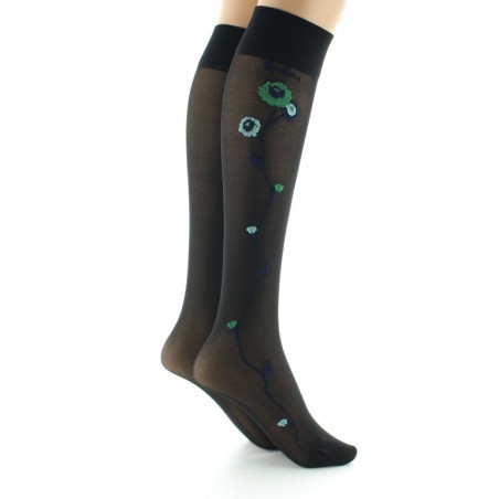 Mi-bas 30D noir Fleurs vertes et bleues
