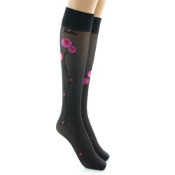 Mi-bas 30D noir Fleurs roses et rouges