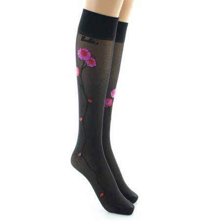 Mi-bas 30D noir Fleurs roses et rouges
