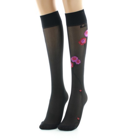 Mi-bas 30D noir Fleurs roses et rouges