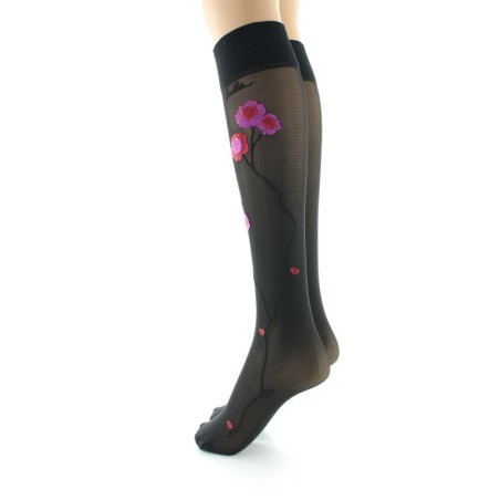 Mi-bas 30D noir Fleurs roses et rouges