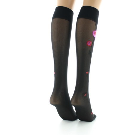 Mi-bas 30D noir Fleurs roses et rouges