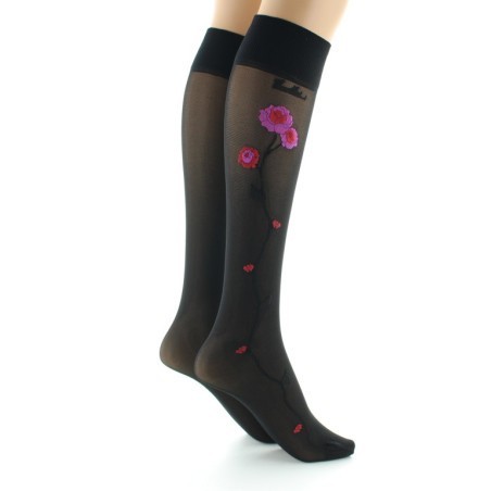 Mi-bas 30D noir Fleurs roses et rouges