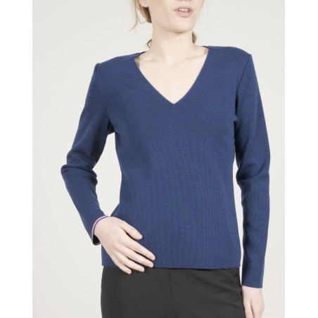 Pull col V femme mérinos bleu royal kimono