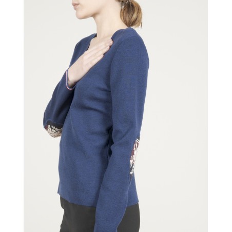 Pull col V femme mérinos bleu royal kimono