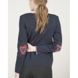 Pull col V femme mérinos bleu marine cœur