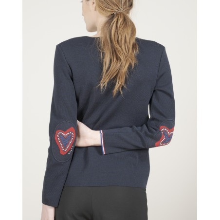 Pull col V femme mérinos bleu marine cœur