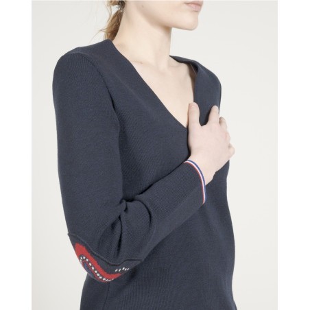 Pull col V femme mérinos bleu marine cœur
