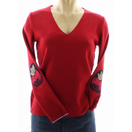 Pull Col V Femme Papillons rouge
